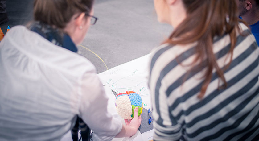 Group of QMU psychology & sociology sitting together holding a model brain