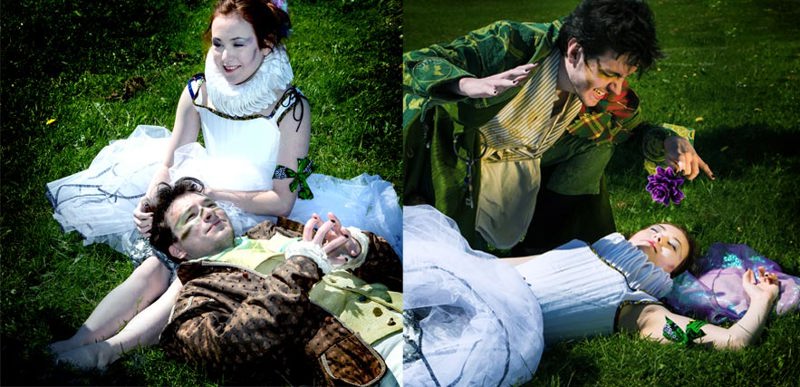 A collage image of two actors wearing period-appropriate Shakespearian outfits for an outdoor performance of A Midsummer Night's Dream. In the first image, a woman sits on the grass while a man lies down with his head in her lap. In the second image. the woman lays sleeping while a male actor hovers beside her.