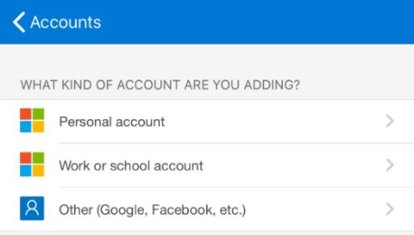 A screenshot of the Microsoft Authenticator App which includes a dropdown list of options to select a "Personal", "Work or School", or "Other" account in the app setup stage.