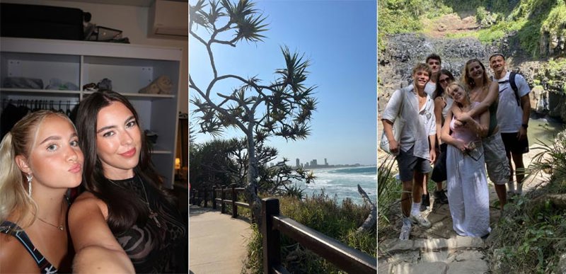 A collage of three photos: Two young women taking a selfie together; a view of a palm tree overlooking the ocean; and several young people taking a group photo together.