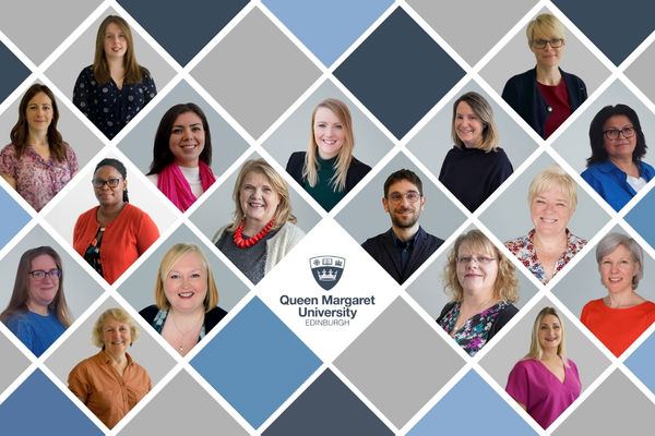 A graphic of tessellated diamond spaces interspersed with photographs of members of staff.