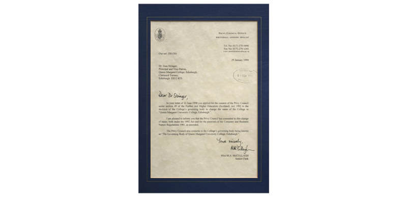 These official documents, dating from 1999, confirm Queen Margaret College’s new status as Queen Margaret University College.