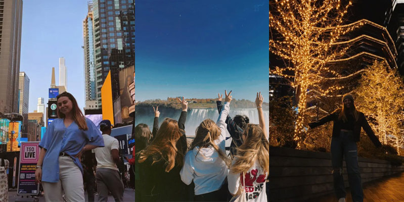 A collage of three photos: A young woman stands in the centre of a busy city; a group of young women face towards Niagara Falls (away from the camera) and hold peace signs in the air; and a person stands in front of trees decorated with Christmas lights, at night.