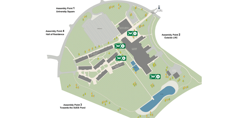 A map displaying the fire assembly points around campus. Point 1 is the University Square outside the main entrance, Point 2 is to the rear of the LRC building, Point 3 is located towards the SUDS pond, and Point 4 is the square outside halls of residence.