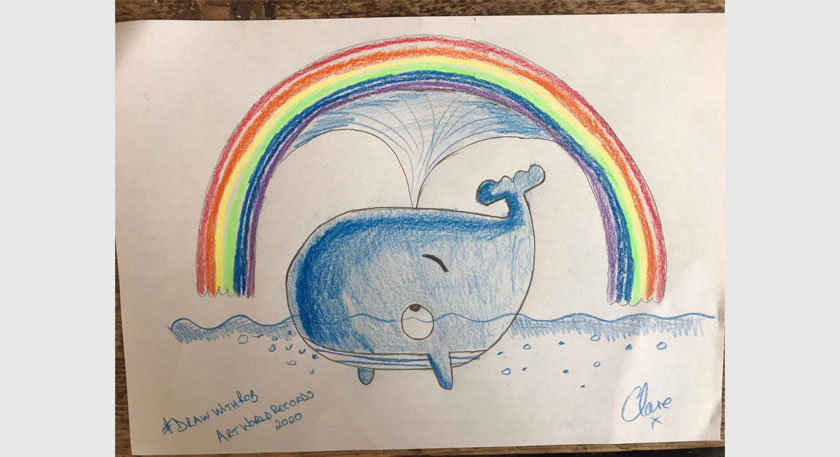 A drawing of a whale with a rainbow overhead