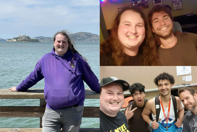 A collage of three images: A young man stands on a boardwalk beside the ocean; two young men taking a selfie together; and four young men taking a selfie together.