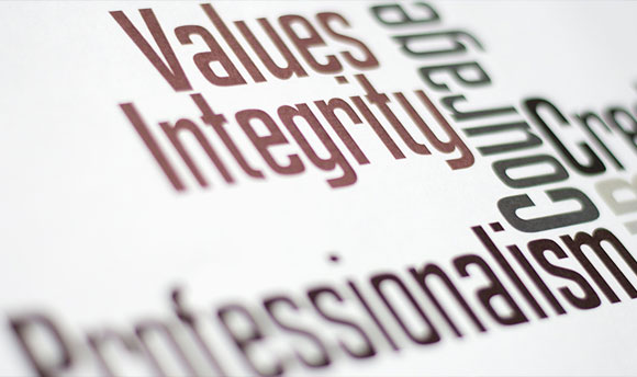 A word cloud with "values, integrity, professionalism, courage, HR & credibility"
