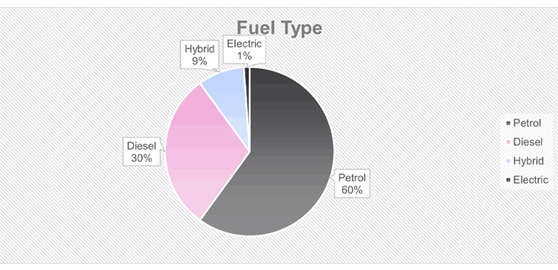 A pie chart listing the percentage of survey respondents that drive a car fuelled by diesel, petrol, or electric or hybrid motors.