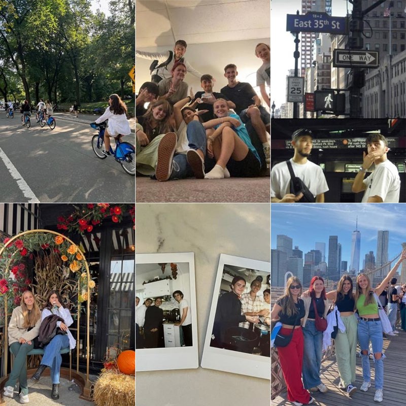 A collage of six photos: A group of people cycling together; nine students posing for a group photo; a close up of two young men standing under various New York street signs; two young women drinking coffee under a flower archway; two polaroid photos; and a group selfie in front of the New York skyline.