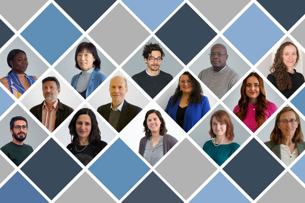 A graphic of tessellated diamond spaces interspersed with photographs of members of staff.