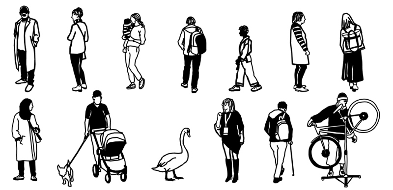 Exhibit featuring outlines representing QMU Community and Alumni