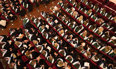 An aerial view of QMU students sitting in the crowd at their graduation ceremony, Edinburgh