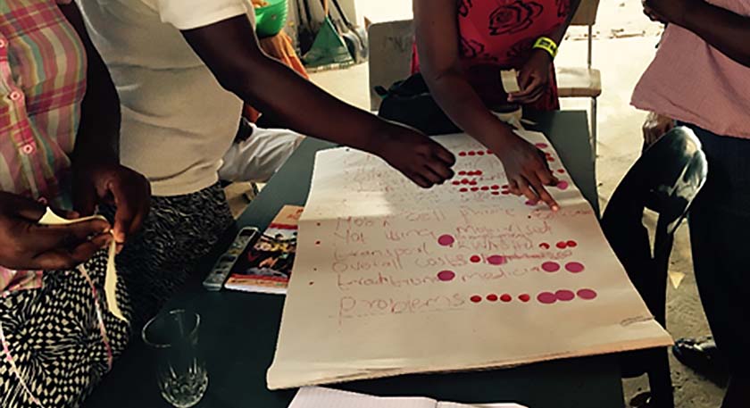 Close up of people adding stickers to a group project