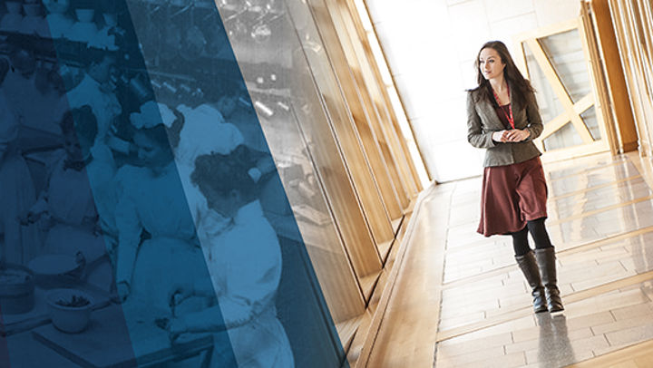 An old b+w photograph of women in a kitchen & a coloured photo of a young woman
