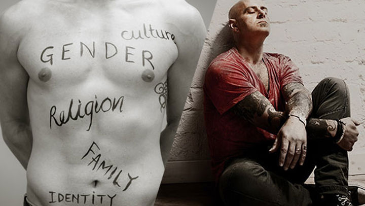 Sociology collage: A bare torso covered in written words "Gender", "Culture", "Religion", "Family" and "Identity" and a man sitting on the floor, leaning against a brick wall