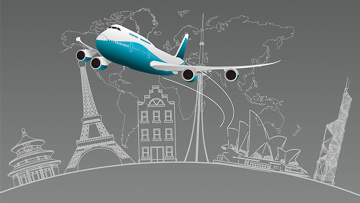 An illustration of famous landmarks across the world and a plane