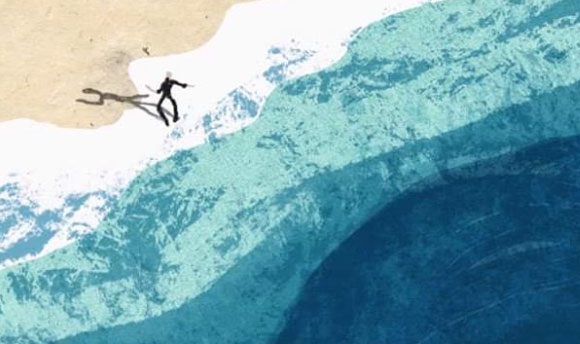 A graphic of a character on the beach, viewed from afar