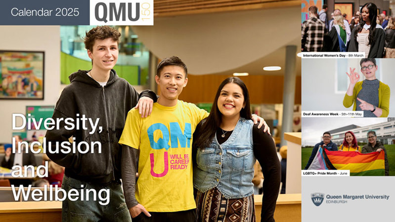 A collage of images from the 2025 QMU Diversity, Inclusion and Wellbeing calendar. It features different images of students on campus and at events.