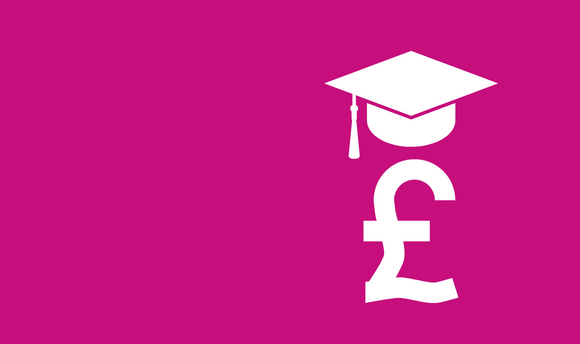 Iconography of a Sterling Pound symbol with a mortarboard atop it in white, on a bright pink background.
