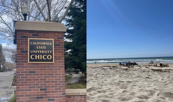 The entry sign for California State University Chico alongside a photo of the beach.