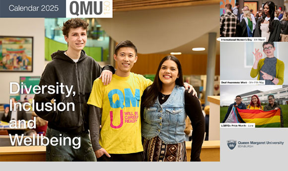 A collage of images from the 2025 QMU Diversity, Inclusion and Wellbeing calendar. It features different images of students on campus and at events.