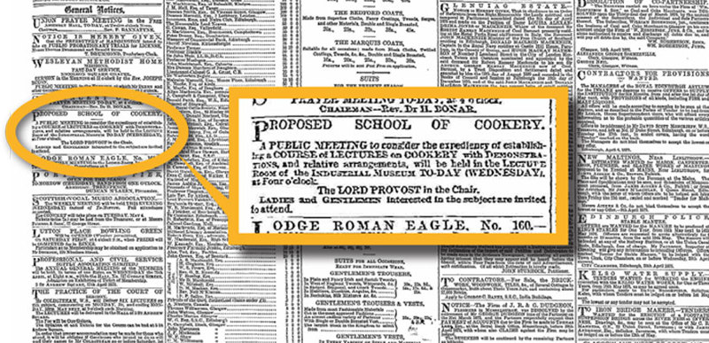 An excerpt highlighted from the April 21, 1875 edition of The Scotsman newspaper. The text reads, "Proposed School of Cookery: A public meeting to consider the expediency of establishment for a course of lectures on cookery with demonstrations, and relative arrangements, will beheld in the Lecture Room of the Industrial Museum. Today (Wednesday) at four o'clock. The Lord Provost in the Chair. Ladies and gentlemen interested in the subject are invited to attend."