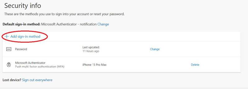 A screenshot of the Microsoft account platform indicating the Security Info panel where you can choose your verification methods for multi-factor authentication.