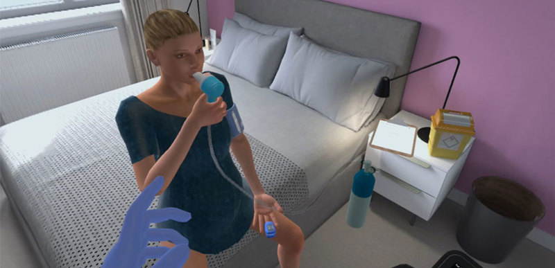 A VR simulation of a paramedic treating a woman at home.