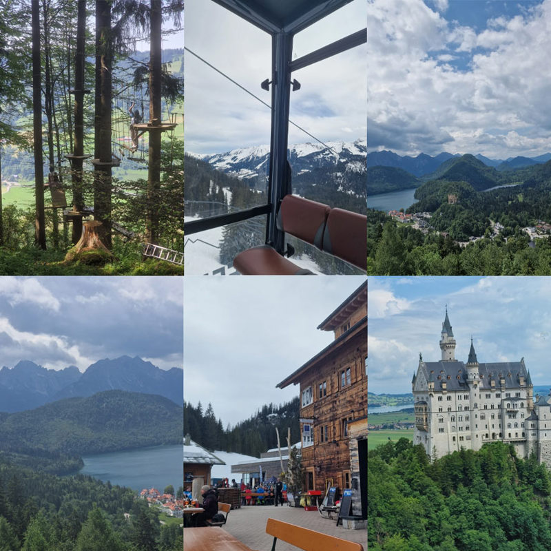 A collage of six photos: A person climbing a treetop apparatus; the inside of a ski lift; a vast mountain range and lake; another photo of a mountain range and lake; the outdoor of a ski lodge; and Neuschwanstein Castle.