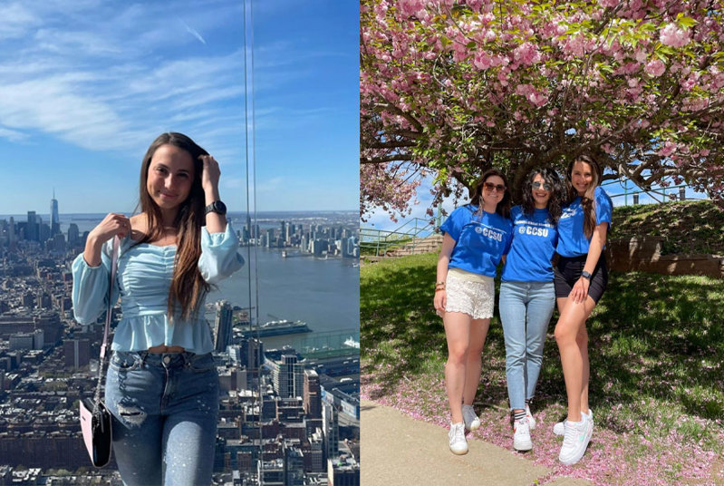 A collage of two images: A young woman poses for a photo from the top of a skyscraper, the view of the cityscape and intersecting river are seen behind her; and three young women stand together under a cherry blossom tree.