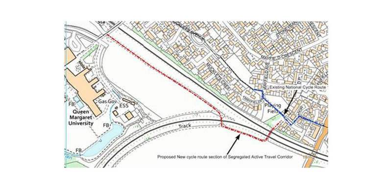 A map of Queen Margaret University and the surrounding area, with a proposed cycle track highlighted.