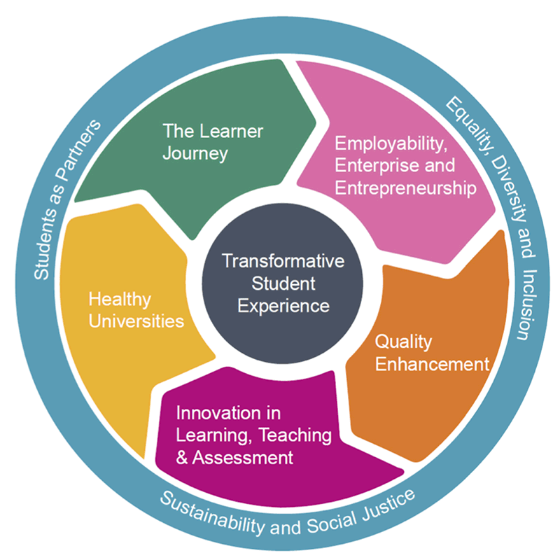 A circular infographic which displays how the learner journey, employability and enterprise, quality enhancement, innovation in teaching, learning and assessment, and healthy universities contribute to a positive transformative student experience.