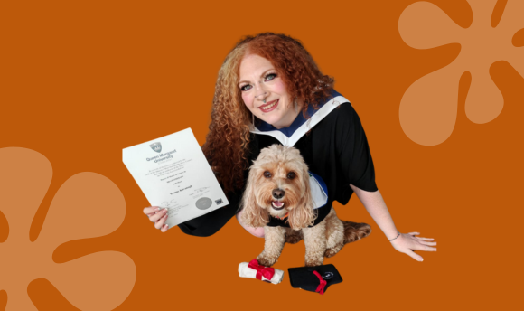 Student Yvonne Kavanagh posing with her therapet, a small poodle dog.