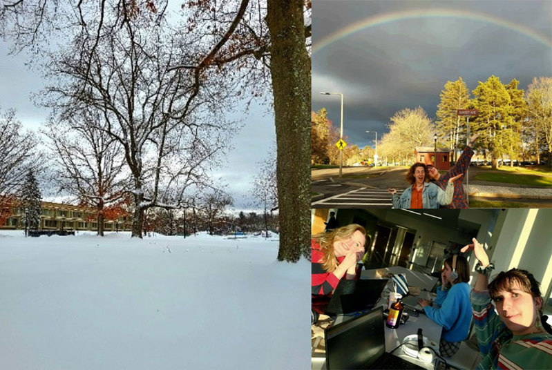 A collage of three images: a snowy university campus; two young women standing under the arch of a rainbow; and a group of students working together on a project.