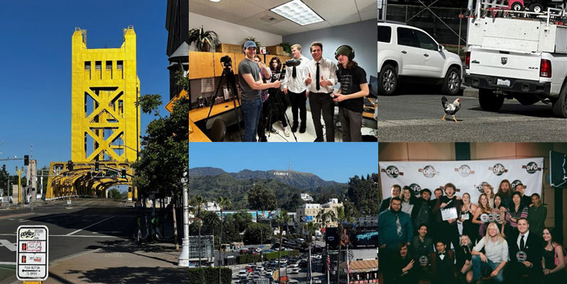 A collage of five photos: A tall yellow metal bridge facing on towards the camera; a group of students using various pieces of media toolkit, including cameras and microphones; a chicken crossing the road; a view of the Hollywood sign; and a group of students wearing formalwear posing with their awards.