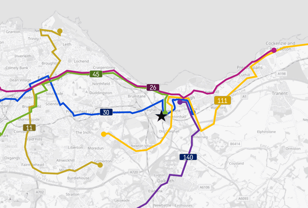 A map of Edinburgh, Musselburgh and the East Lothian area, overlaid with different possible bus routes to campus