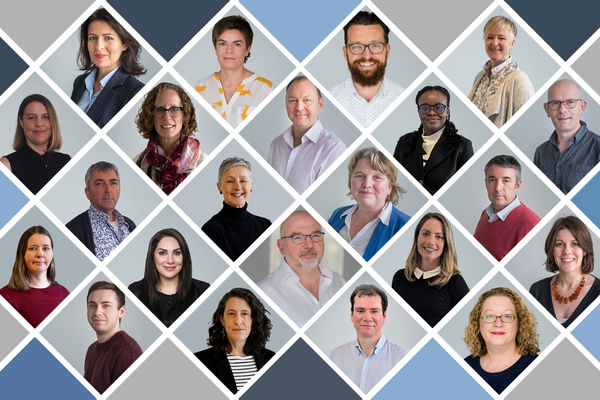 A graphic of tessellated diamond spaces interspersed with photographs of members of staff.