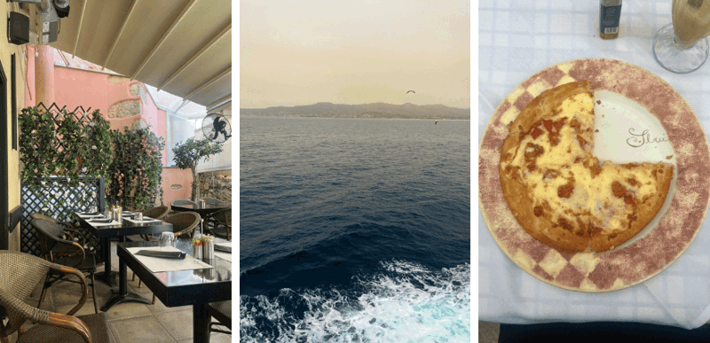 A collage of three photos taken in Athens, Greece. A bright and colourful restaurant patio, the ocean against a yellowed sky, and a pizza with a slice missing.