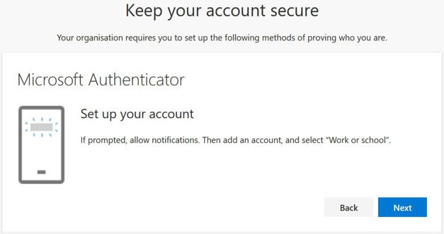 A screenshot from a mobile device showing a prompt to setup the Microsoft Authenticator app.