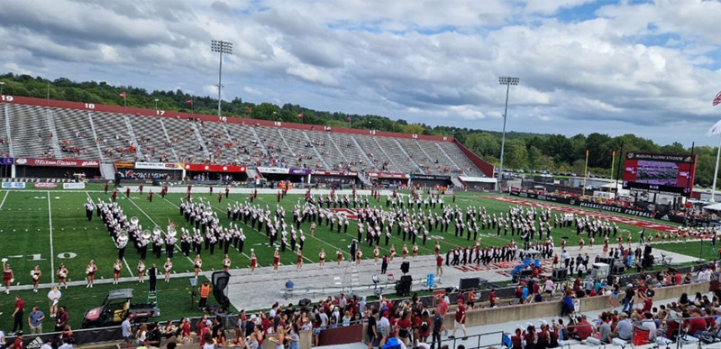 A student band performs at a school rally event in the USA.
