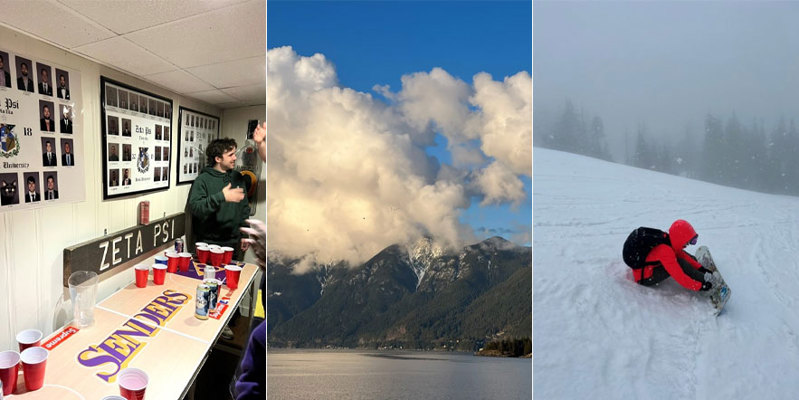 A collage of three photos: an American Greek-style fraternity party; a lake surrounded by large mountains; and a person snowboarding.