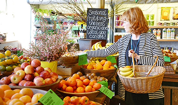 A woman shopping in an organic fruit and vegetable store