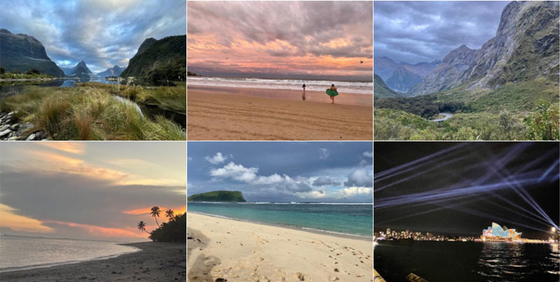 A collage of six photos, which includes: two mountain ranges, three photos of different beaches, and a far away shot of Sydney Opera House.