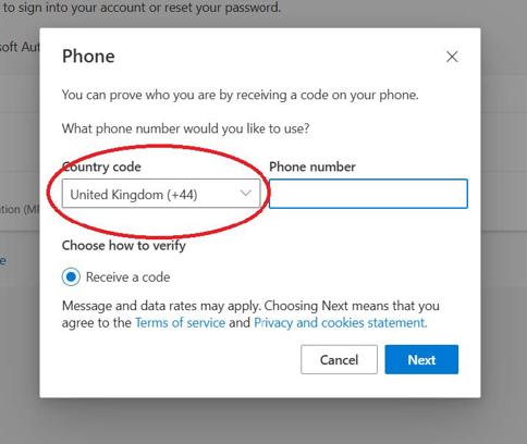 A screenshot of the Microsoft account platform indicating the option to add a phone number for verification purposes for multi-factor authentication. It highlights the importance of ensuring you select the correct country code when entering your details.