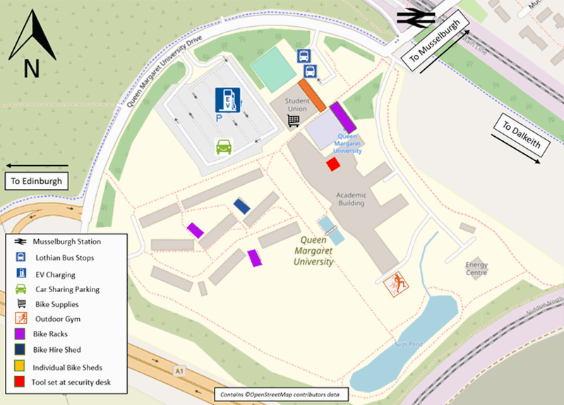 A map of the QMU campus with a key indicating local amenities, including car parking and cycle facilities.