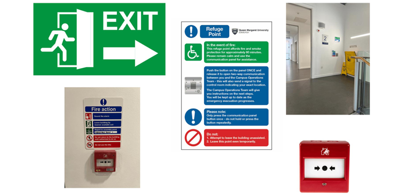 An assortment of the emergency signage found across campus: the green emergency exit sign; a fire alarm point with instructions for use; instructions on how to use the communications panel inside a refuge point; and the location of stair assists for those who need assistance exiting the building in the event of a fire.