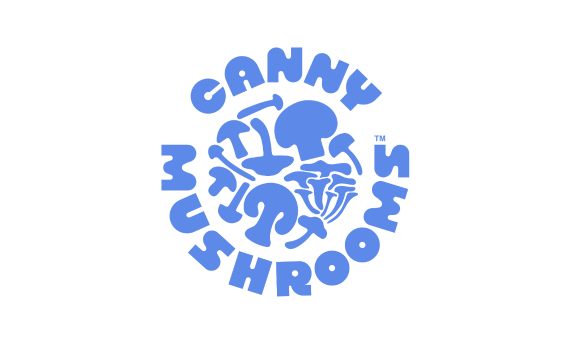 Canny Mushrooms Logo, white and blue mushroom design