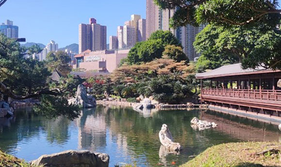 A bridge over a well manicured lake sits in the foreground of a cluster of tall skyscrapers.