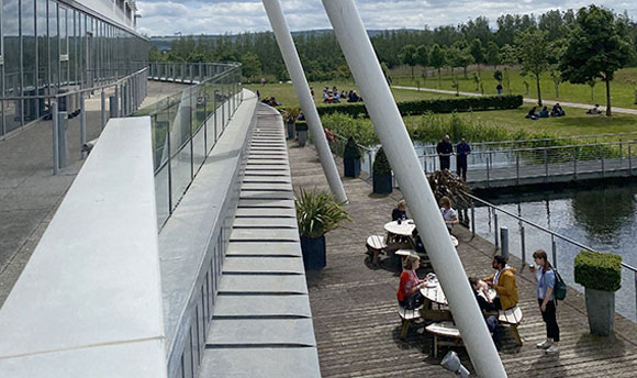 The outdoor eating space at QMU campus