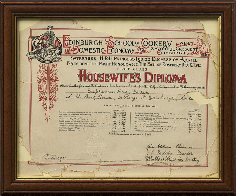 A Housewife's Diploma, awarded in 1902 by QMU's predecessor organisation, the Edinburgh School of Cookery.
